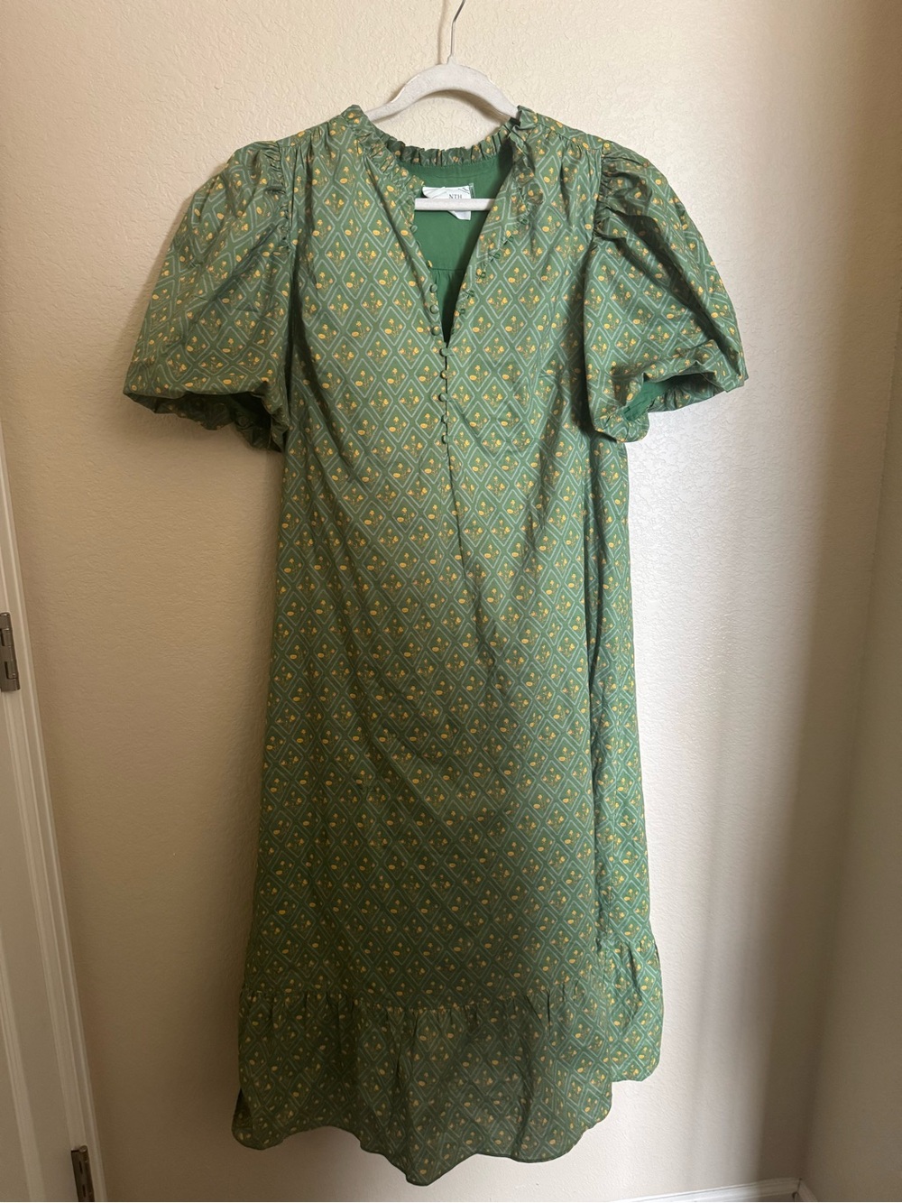 Hyacinth House Green Diamond Floral Mimi Midi Dress Sz XL Boho Puff Sleeve - Picture 2 of 8